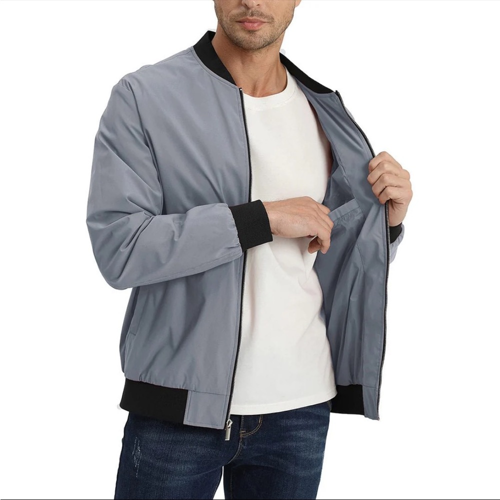 Men’s Gray and Black Bomber Jacket with Silver Zipper NWT Size Medium